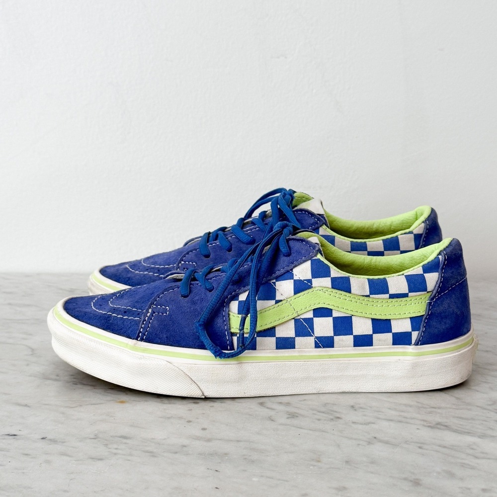 Skater Streetwear Vans Sk8-Low Blue Checkerboard Lime Green Suede Sneakers